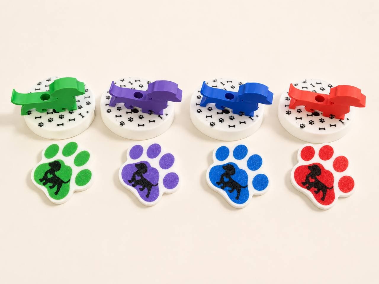 Dachshund toppers and matching paw charms in green, purple, blue, and red