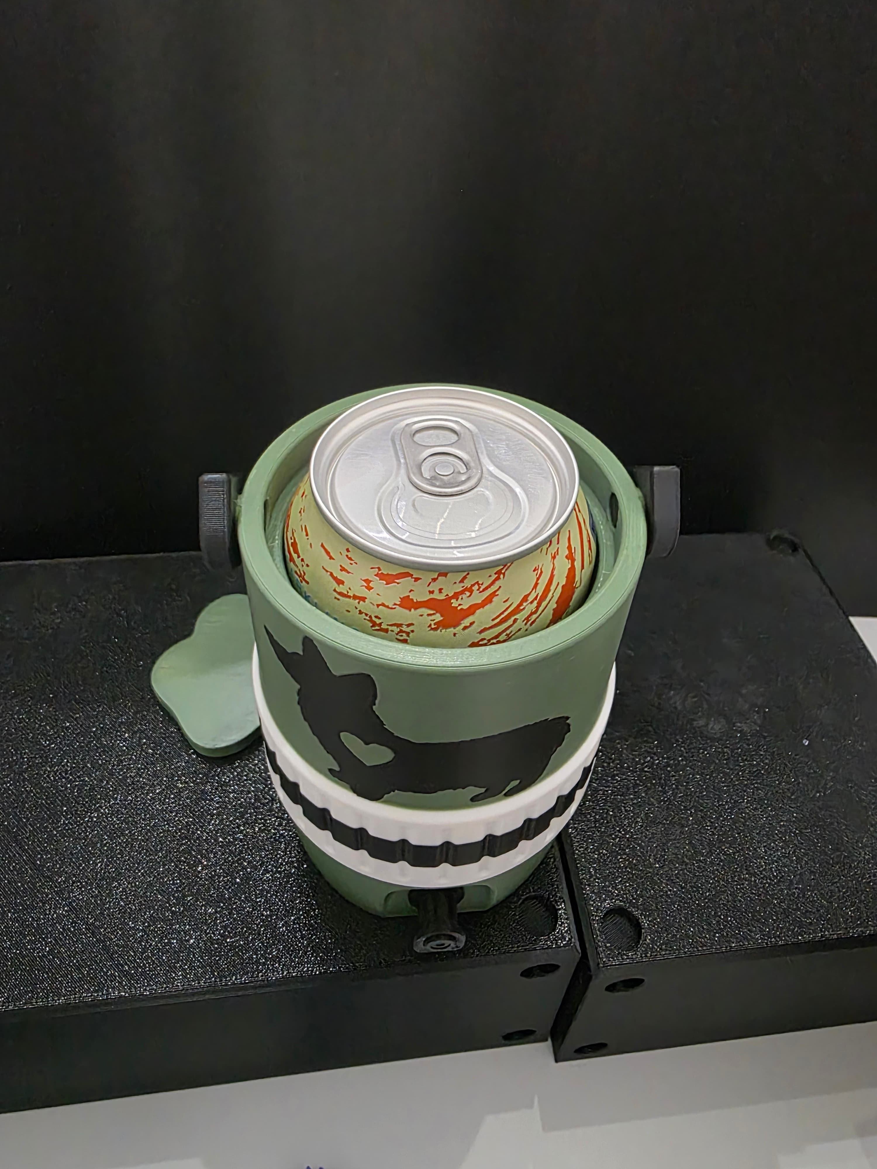 Actual Corgi can koozie holding a 12 oz can