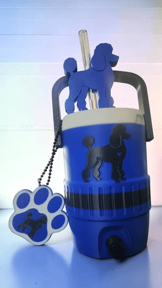 Blue custom Poodle 3D printed can koozie with paw tag and matching nail saver